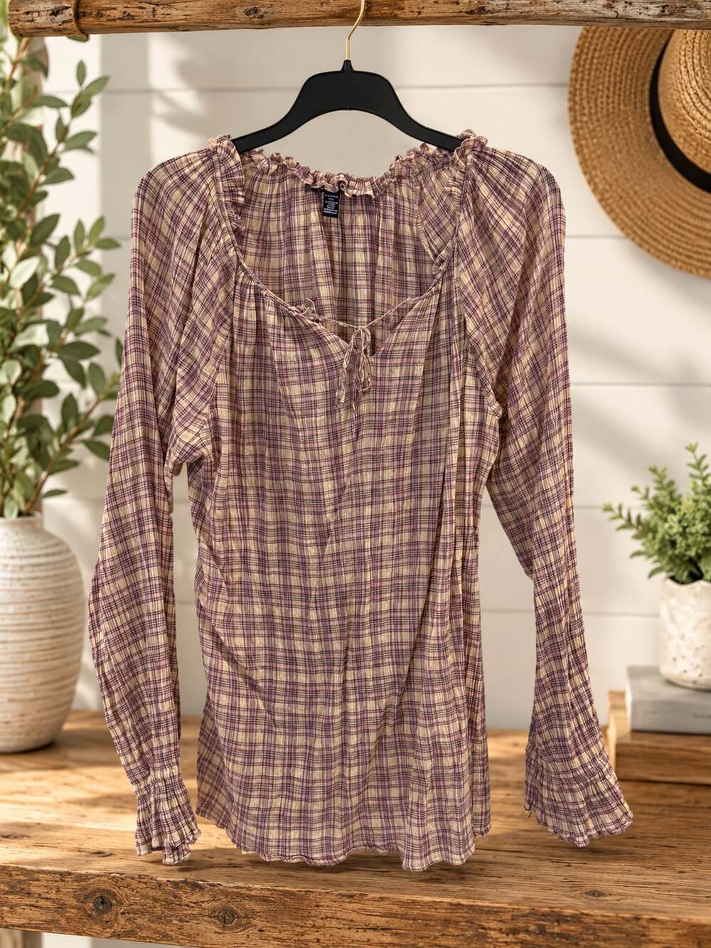 Chaps Crinkle Peasant Top Size XL Long Sleeve Plaid Blouse